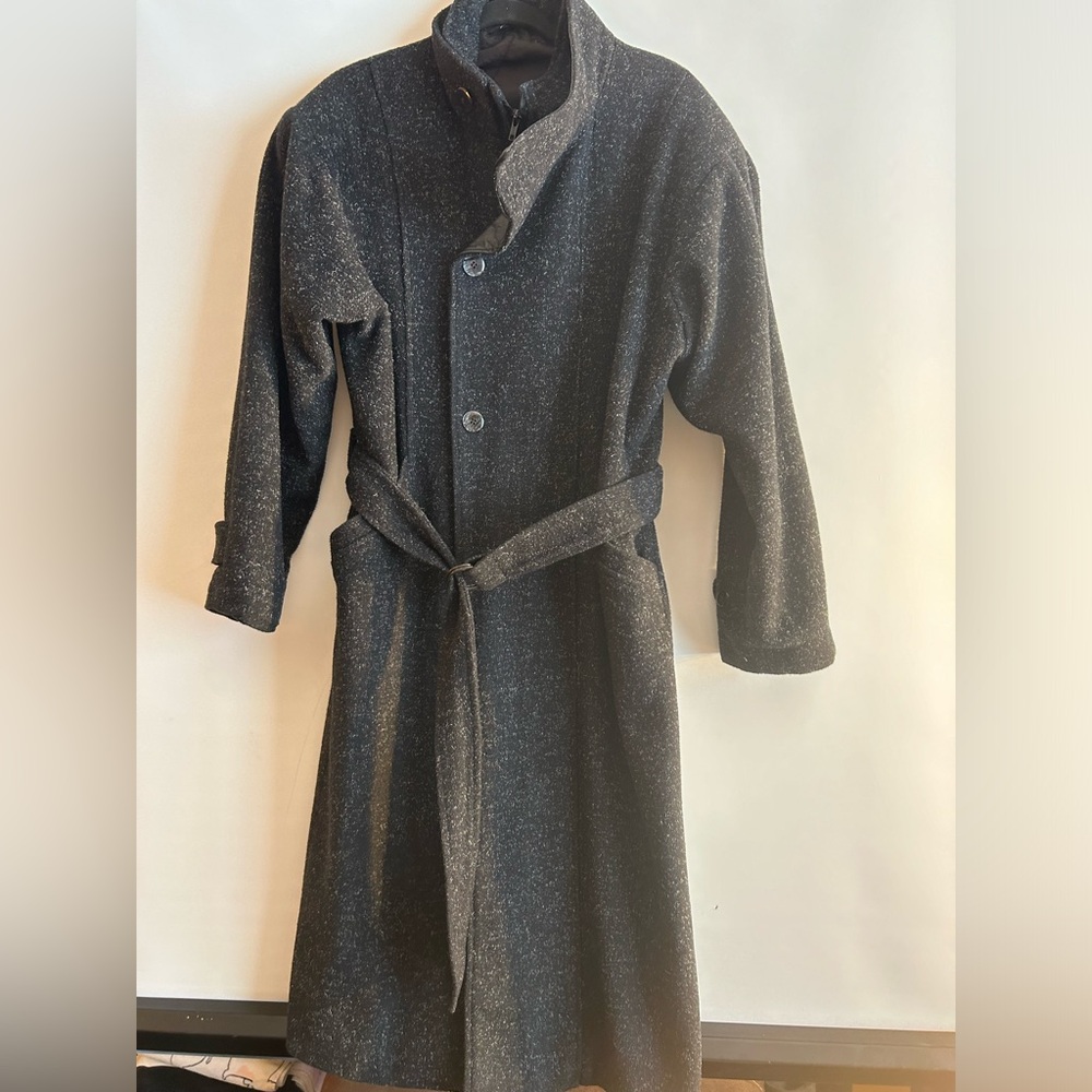 FLORENZI COLLECTION VINTAGE BLACK TWEED WOOL WITH LEATHER COLLAR TRIM MEN COAT S